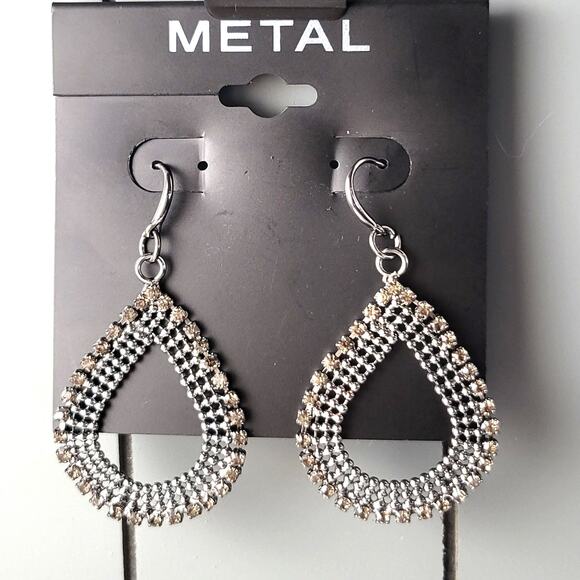 Elegant Metal Teardrop Dangle Earrings, Clear Smoky Faux Crystals New Trendy - Picture 2 of 6
